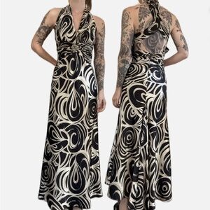 Vintage Style Gown Black and White Halter Satin Maxi Dress 12